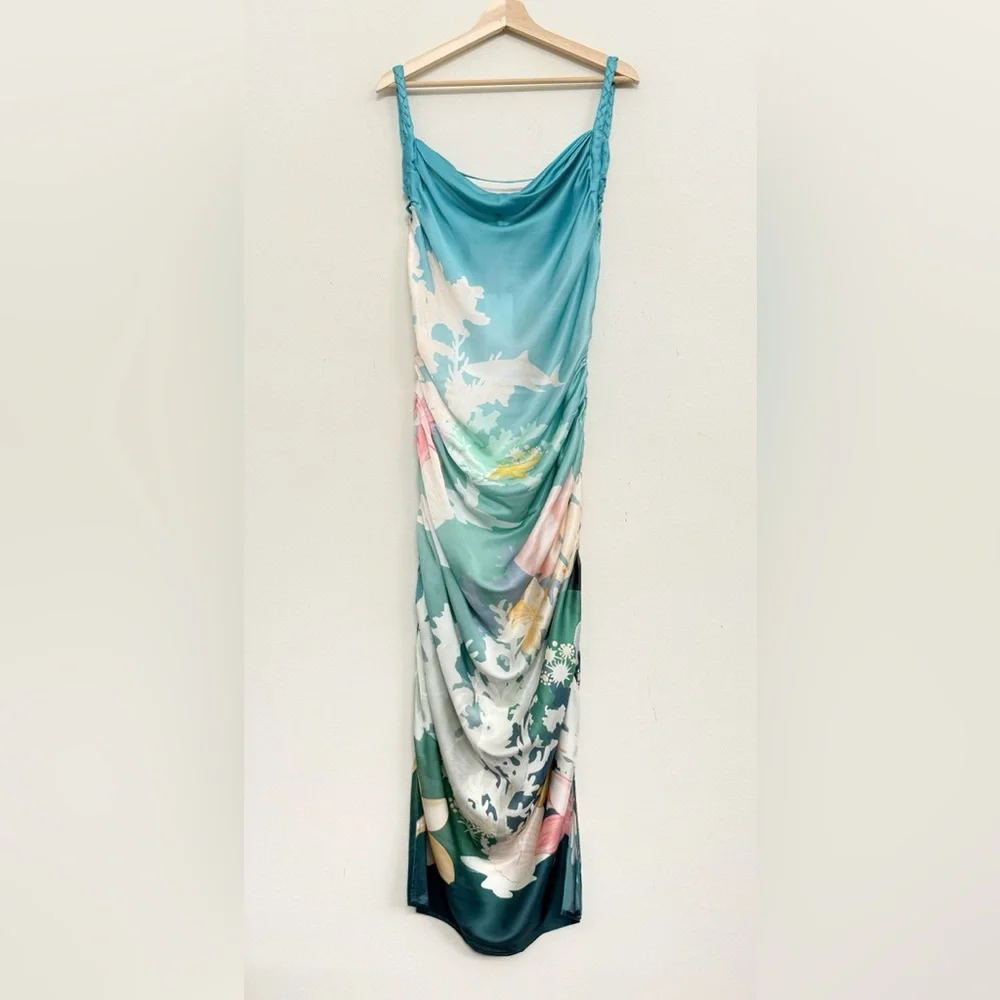 NWT Leo Lin Rachel Cowl Neck Silk Slip Dress Neptune Print in Sea Grass Size 12 - Picture 7 of 16